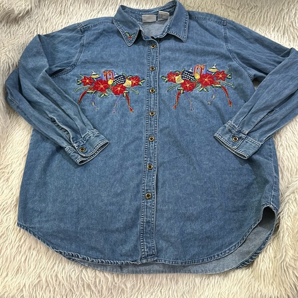 Bobbie brooks Christmas holiday denim cotton button down embroidered top… - Picture 1 of 6